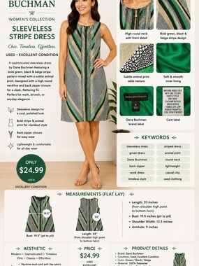 Dana Buchman Green and Cream Striped Midi Dress